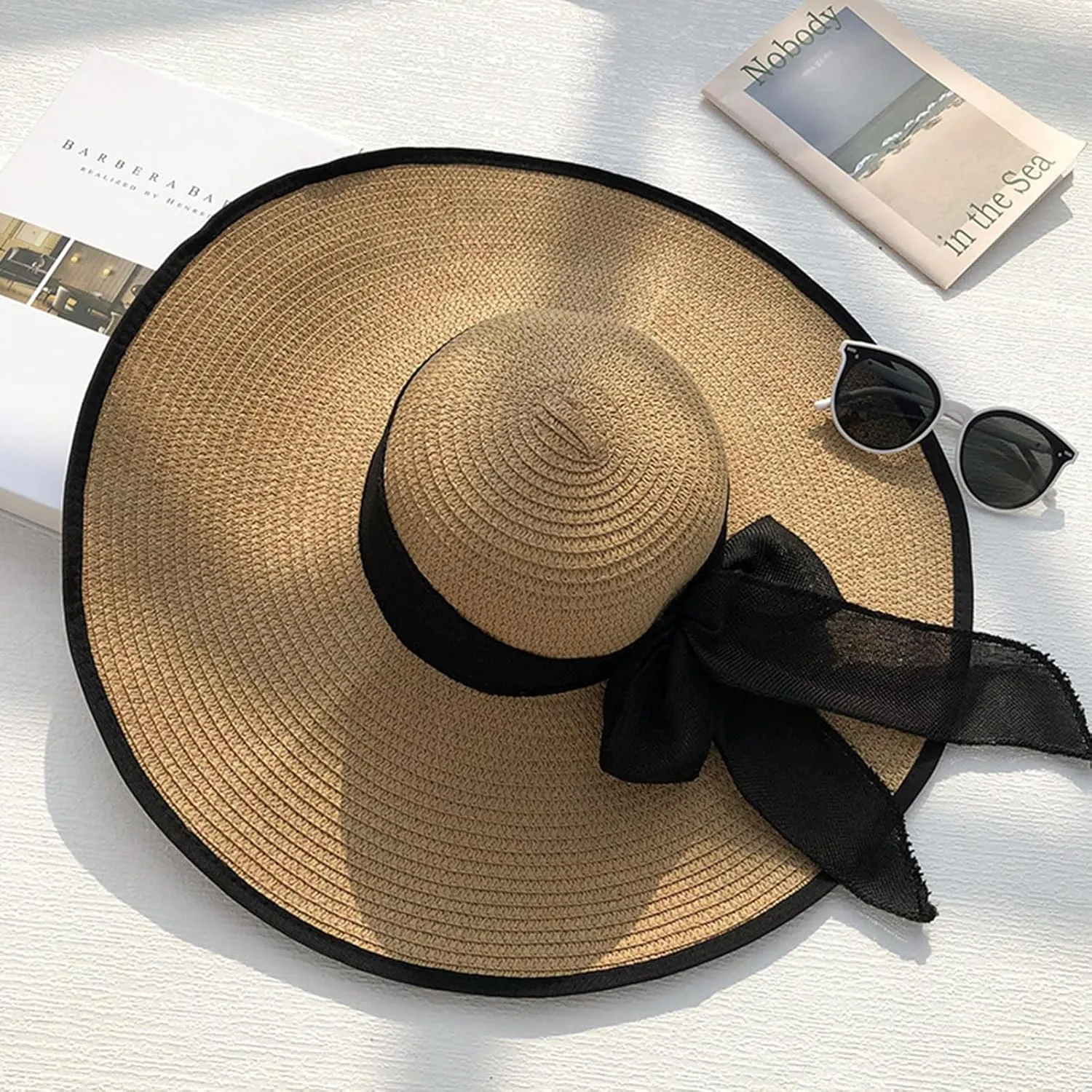 Womens Wide Brim Straw Sun Hat,Summer Floppy Beach Hat Roll-Up with Bowknot