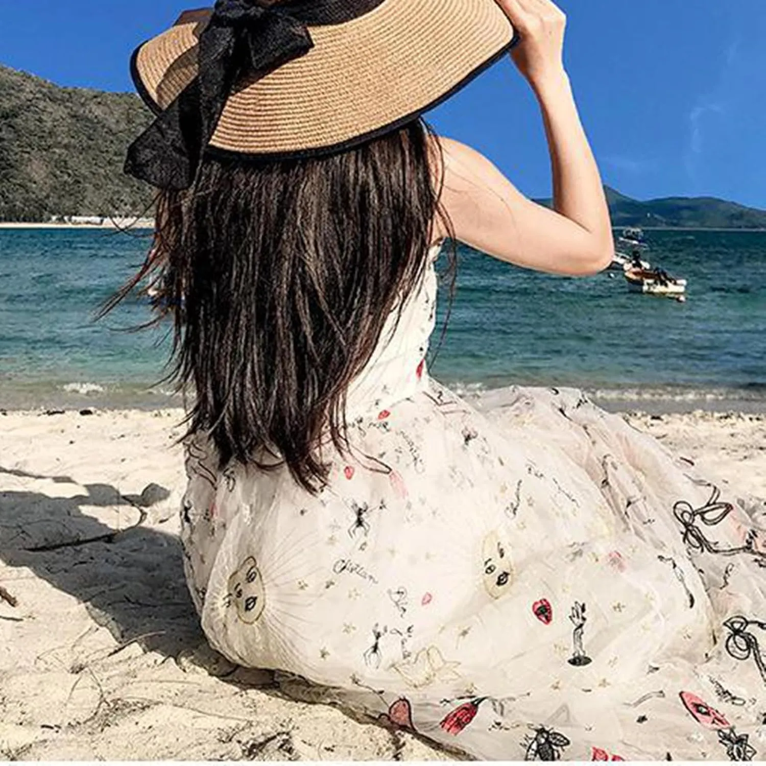 Womens Wide Brim Straw Sun Hat,Summer Floppy Beach Hat Roll-Up with Bowknot