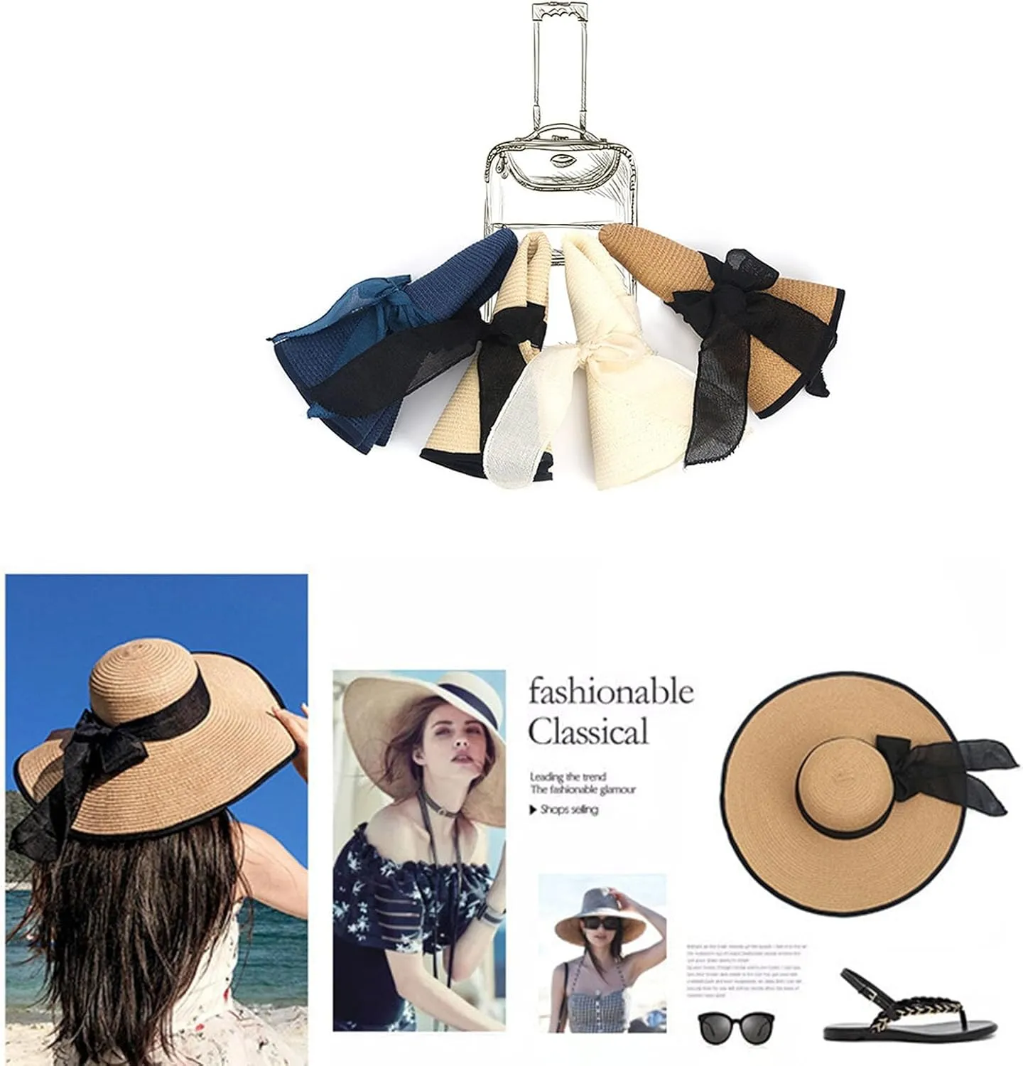 Womens Wide Brim Straw Sun Hat,Summer Floppy Beach Hat Roll-Up with Bowknot