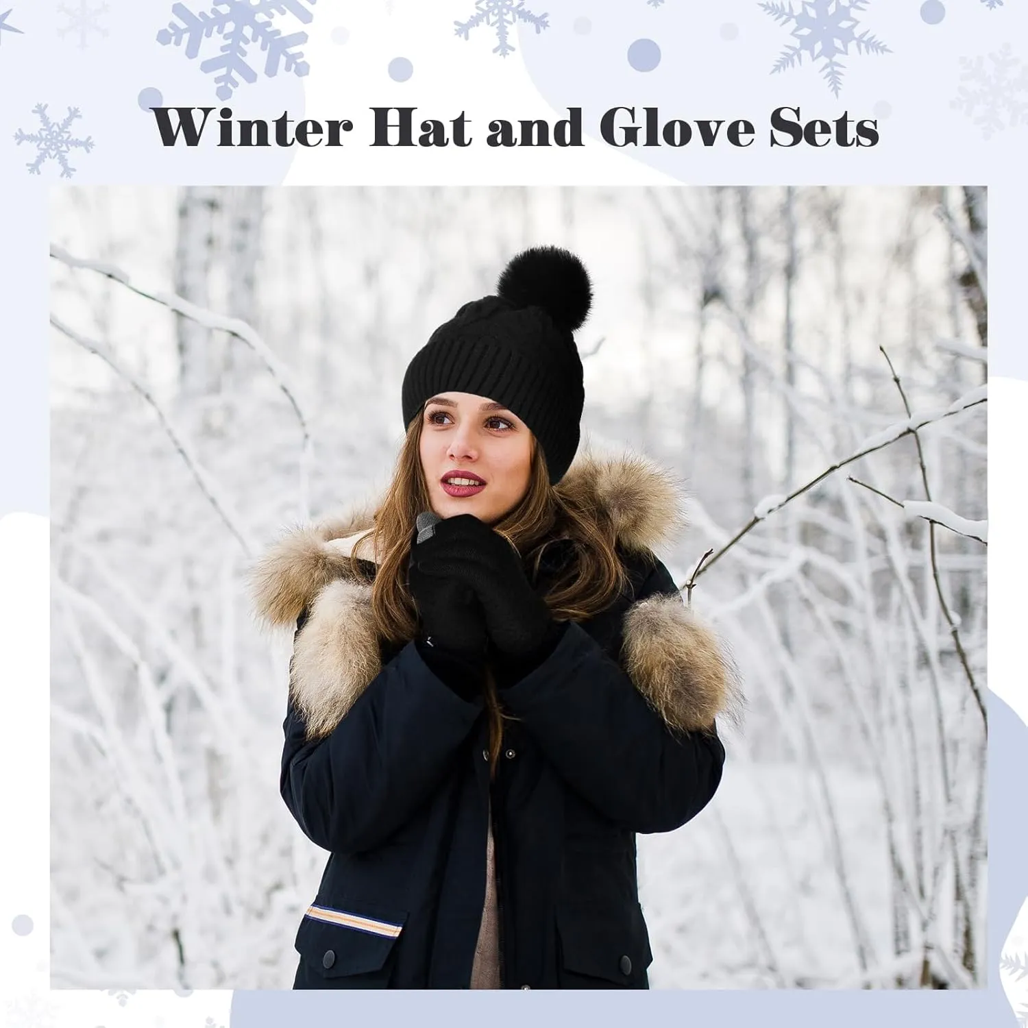 Womens Winter Knitted Beanie Hat Glove Set,Pom Pom Beanie Warmer Fleece Lined Knit Touchscreen Gloves for Women