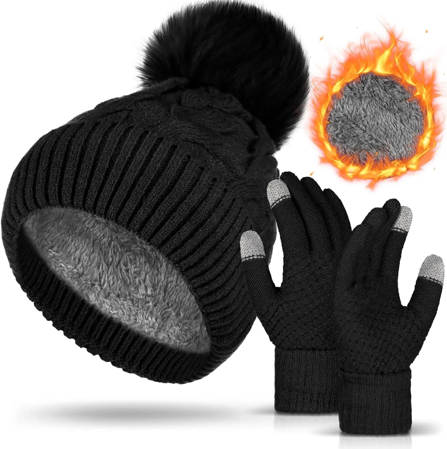 Womens Winter Knitted Beanie Hat Glove Set,Pom Pom Beanie Warmer Fleece Lined Knit Touchscreen Gloves for Women