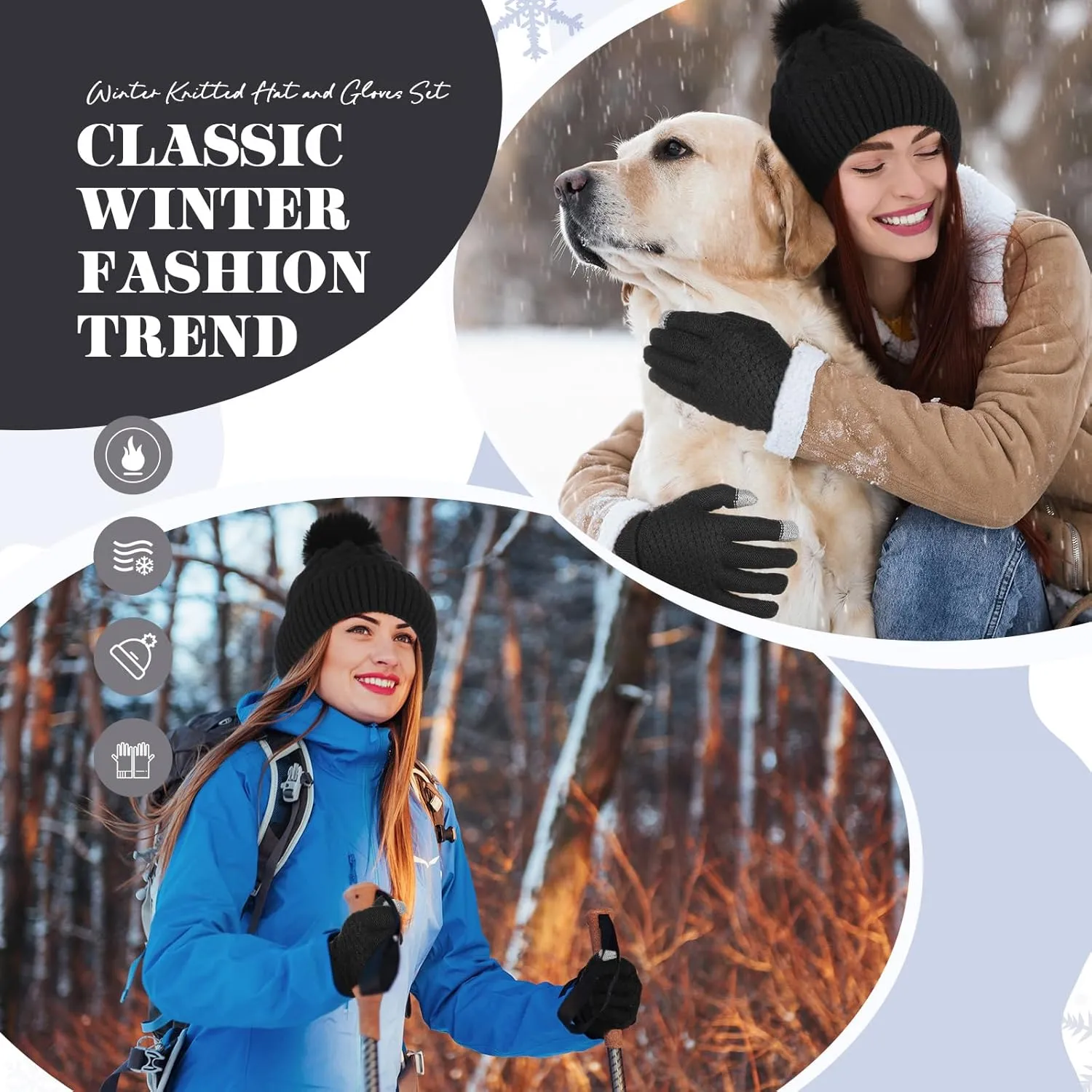 Womens Winter Knitted Beanie Hat Glove Set,Pom Pom Beanie Warmer Fleece Lined Knit Touchscreen Gloves for Women