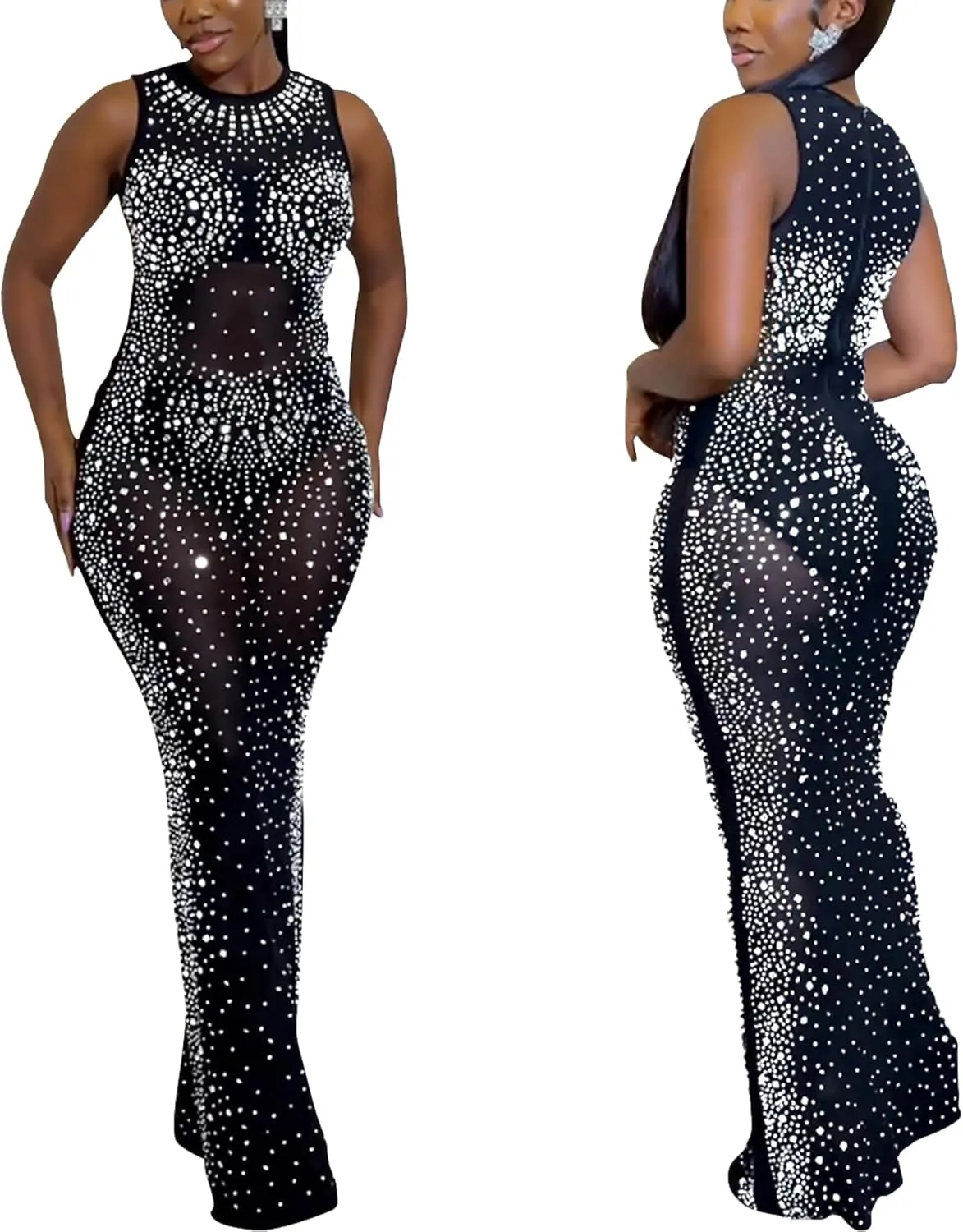 Zoctuo Women's Sexy Elegant Rhinestone Birthday Party Club Outfit Mesh See Through Long Sleeve Bodycon Maxi Prom Dress
