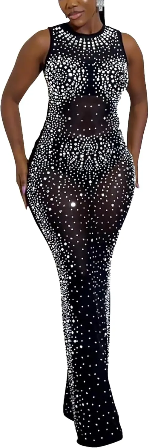 Zoctuo Women's Sexy Elegant Rhinestone Birthday Party Club Outfit Mesh See Through Long Sleeve Bodycon Maxi Prom Dress