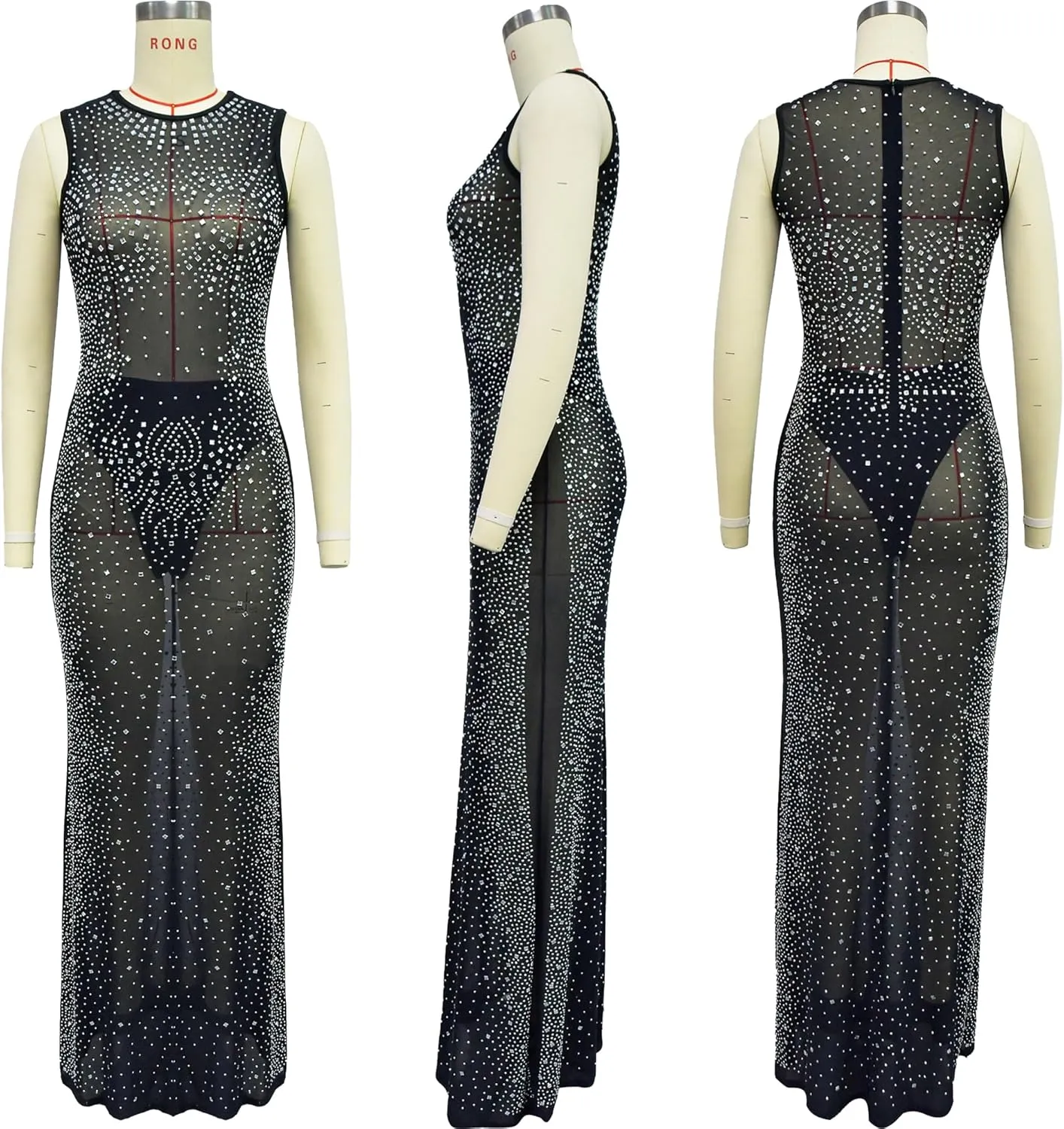 Zoctuo Women's Sexy Elegant Rhinestone Birthday Party Club Outfit Mesh See Through Long Sleeve Bodycon Maxi Prom Dress